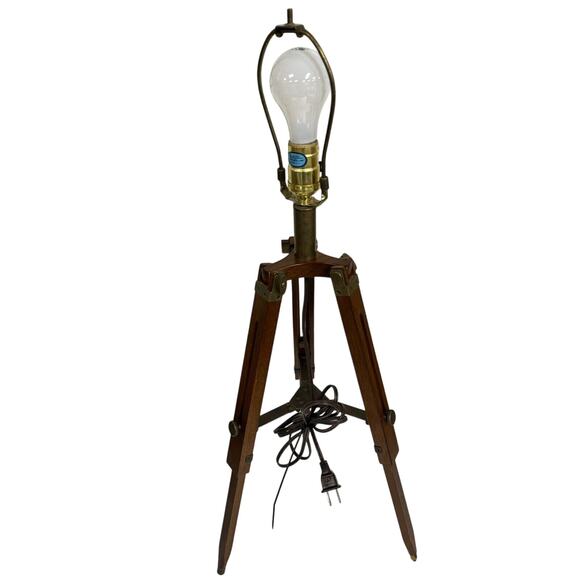 VTG TRIPOD TABLE LAMP NAUTICAL RETRO STYLE TEAK WOOD DECOR ADJUSTABLE HEIGHT LN